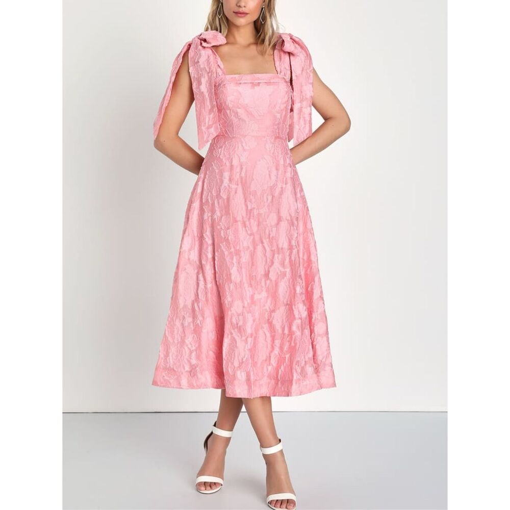 Lulu's Pink Jacquard Square-Neck Tie-Shoulder Midi Dress